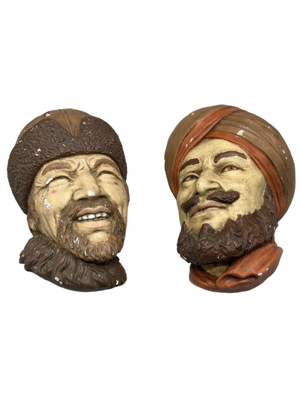 chalkware head wall hangings set of 2  1)Himalayan brown hat scarf beard READ